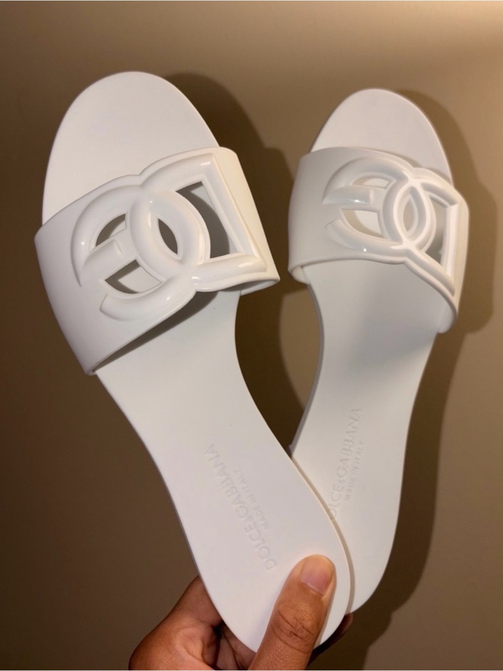 Dolce & Gabbana White Logo Slide Sandals with Interlocking Emblem